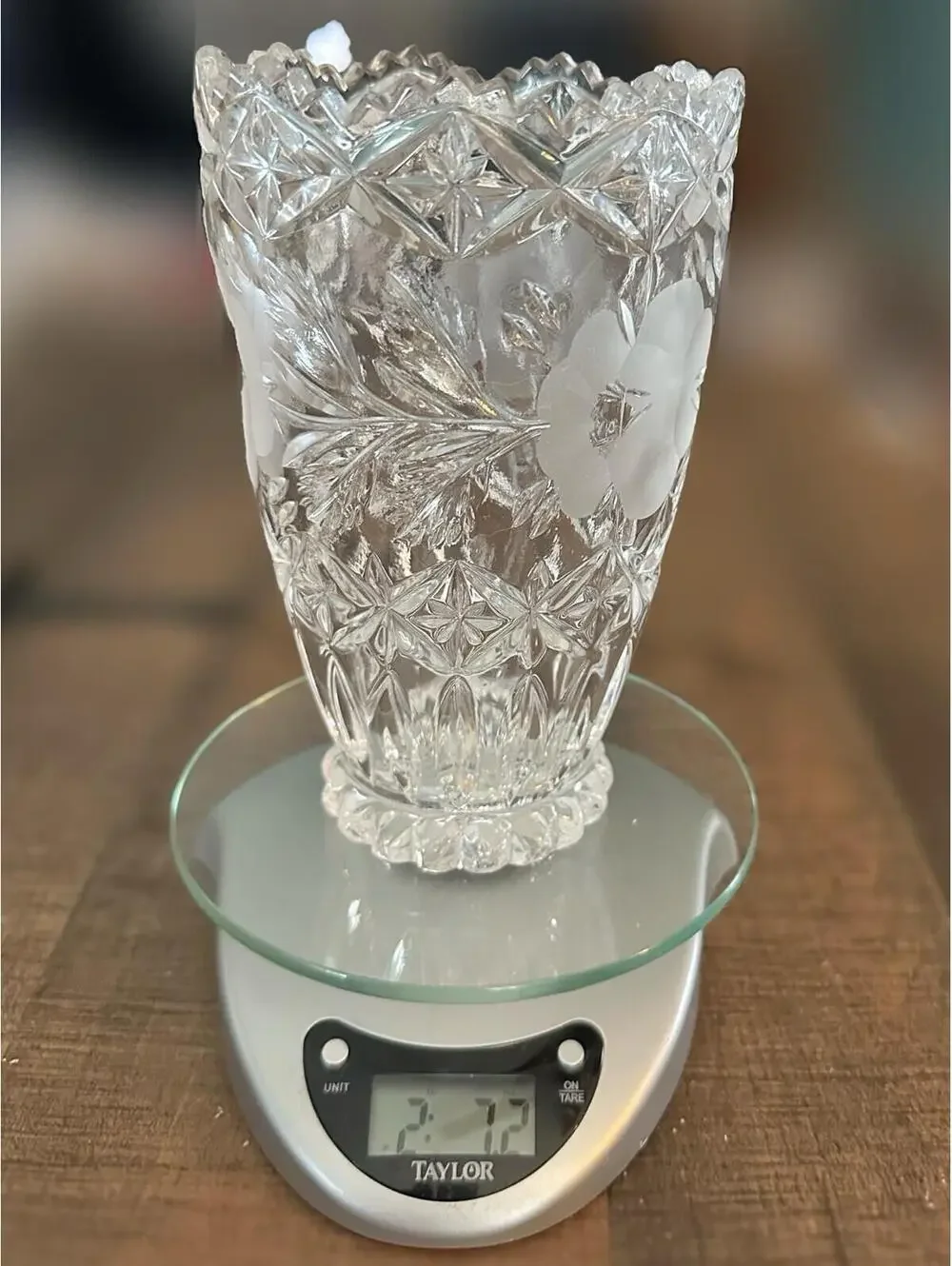 Vintage Crystal Cut Glass Vase with Floral Etching - 7.5 Inches Tall